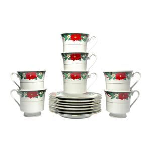 1980s Vintage Teinshan “Deck the Halls” 7 Porcelain Poinsettia Teacups & Saucers
